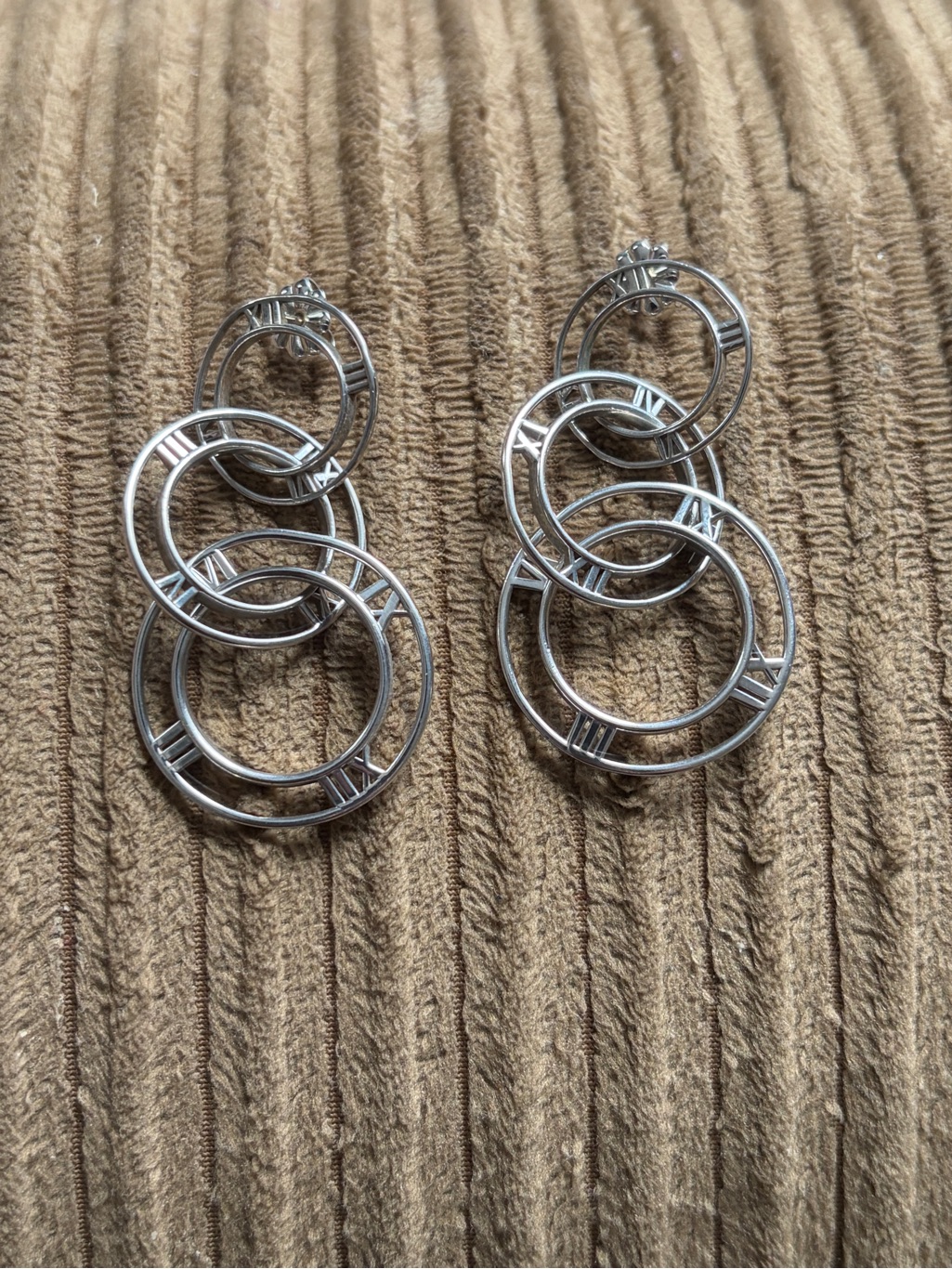 Sterling Silver Triple Hoop Roman Numeral Drop Earrings
